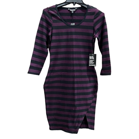 NWT EXPRESS Purple/Black Striped Bodycon Goth Dress Asymmetrical Hem Small - Picture 2 of 7